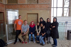 Me, Tristan and Nienke with curious Iranians at Ali-Qapu Palace in Esfahan