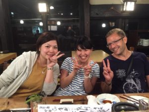 Enjoying dinner with Japanese friends